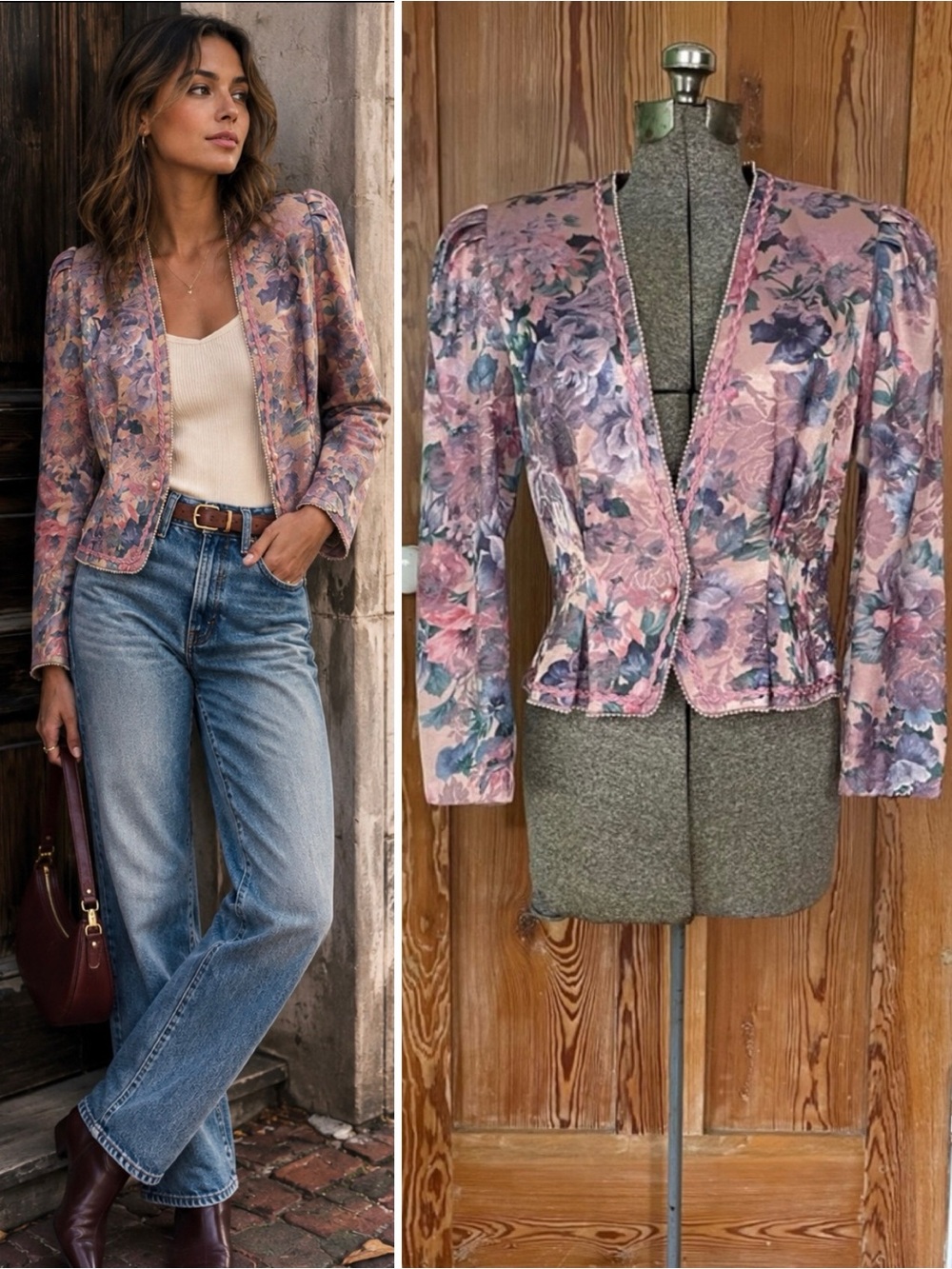 Vintage Nah Nah Collection Floral Rose Brocade Jacket Braided Trim Size M
